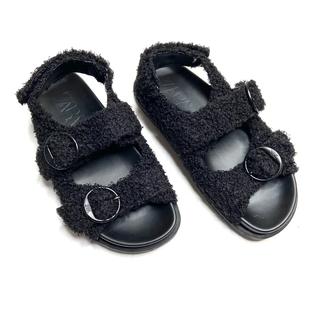 ZARA Black Faux Sherpa Fleece Double Buckle Sandal